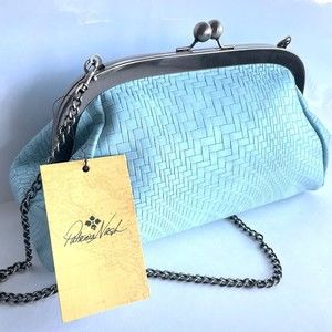 NEW Patricia Nash Spring Blue Mia Woven Rattan Leather Bag Purse